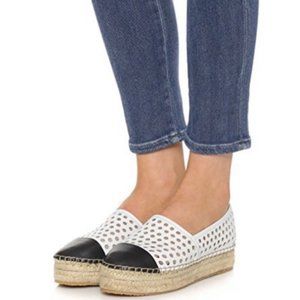 Womens Loeffler Randall Mariko White Black Leather Platform Espadrille Wedge 7 *